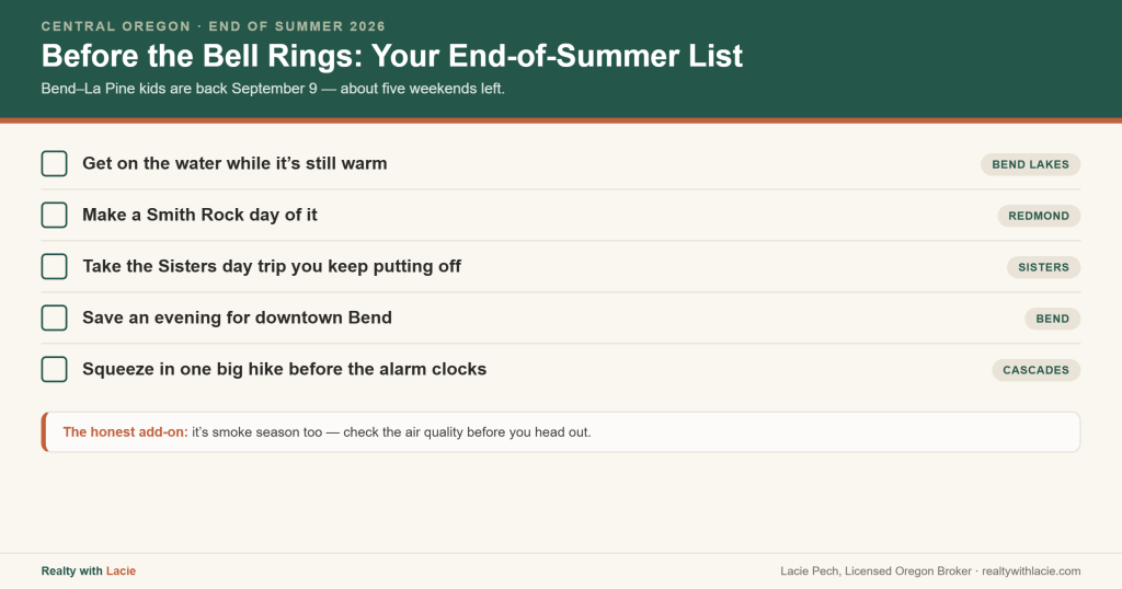 End-of-summer Central Oregon to-do checklist before school starts September 9, 2026: get on the water at Bend's lakes, make a Smith Rock day in Redmond, take a Sisters day trip, spend an evening in downtown Bend, and squeeze in one big Cascades hike, plus a reminder to check air quality during smoke season.