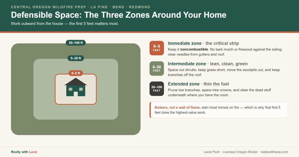 Diagram of the three wildfire defensible-space zones around a Central Oregon home: the immediate 0 to 5 foot noncombustible zone, the 5 to 30 foot intermediate zone, and the 30 to 100 foot extended zone.